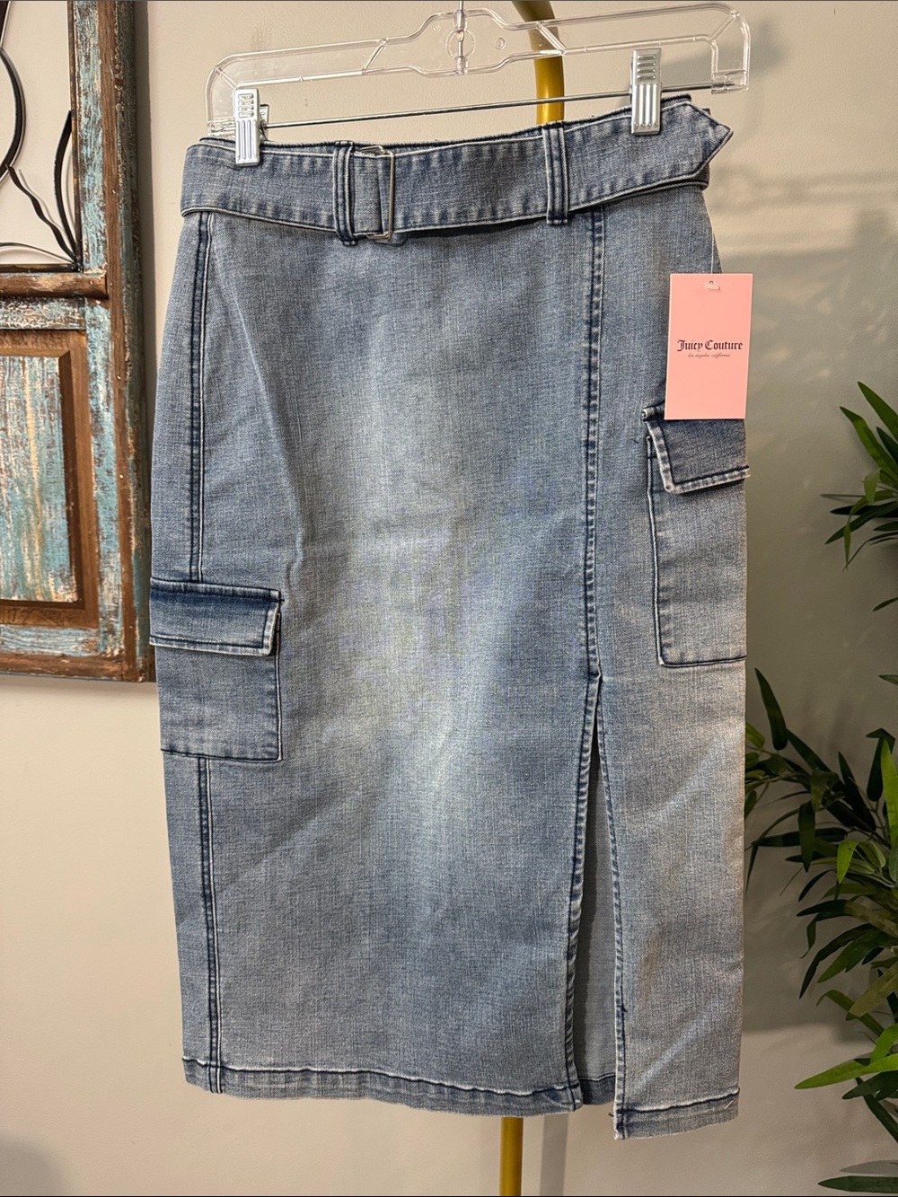 Juicy Couture Faded Blue Denim Cargo Midi Skirt with Belt NWT 27